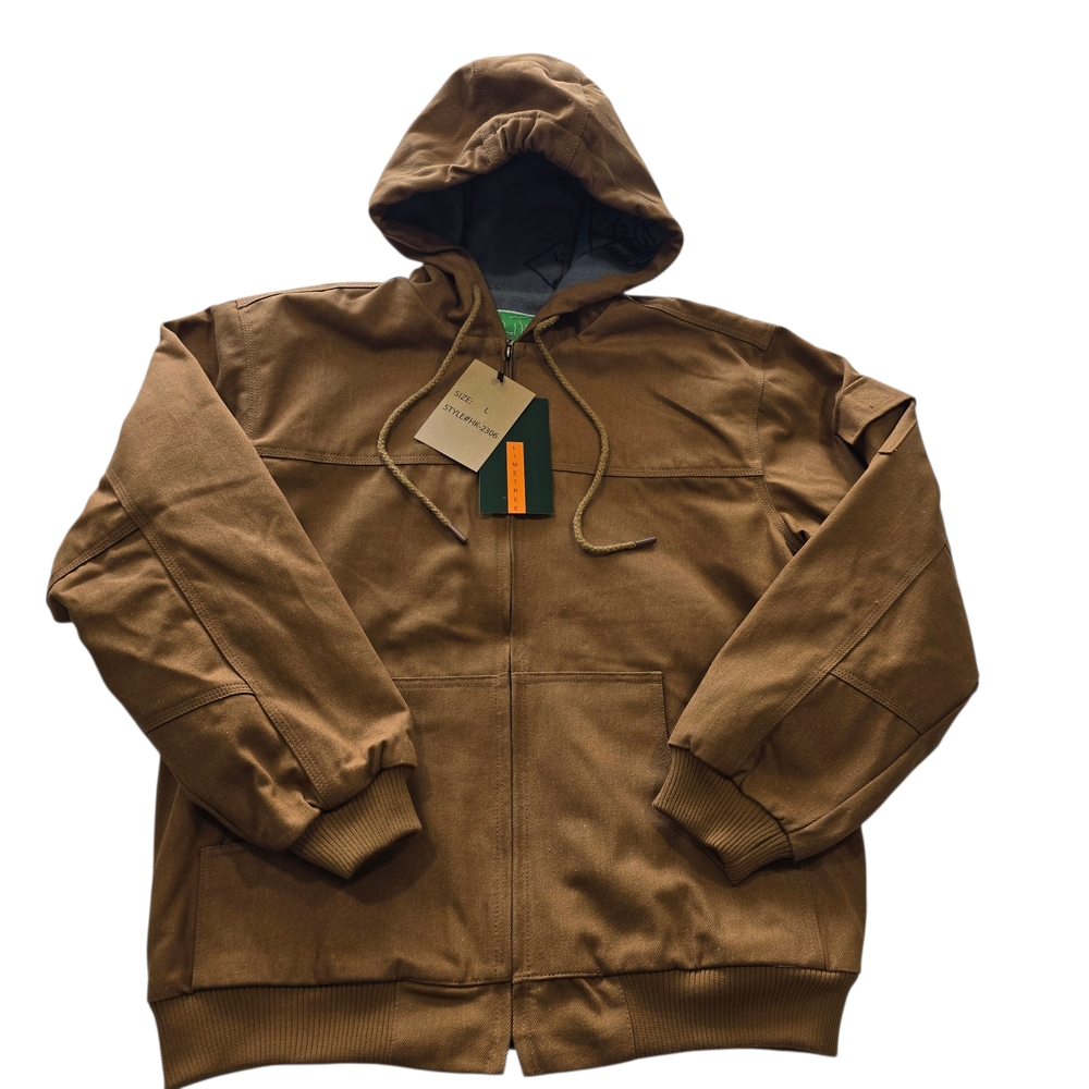 LIME TREE Men's Duck Cotton Brown Hooded Zip-Up Work Jacket-Durable & Warm Large